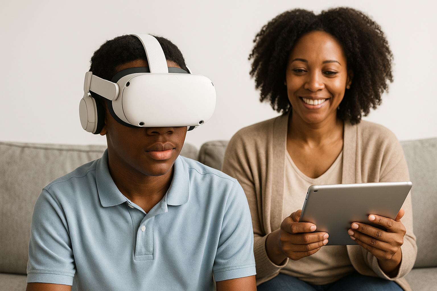 Parent helping child use VR headset